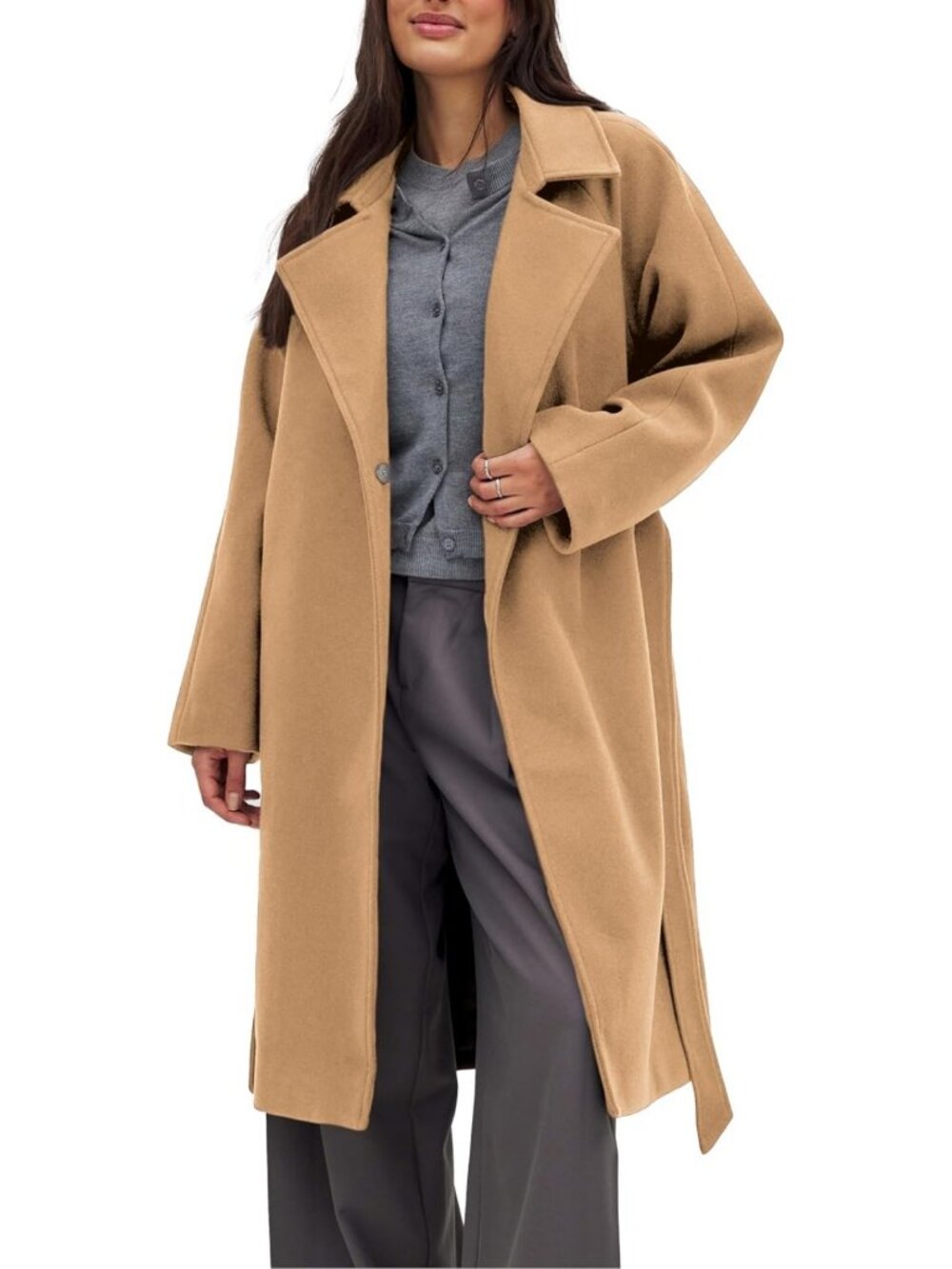 Chic Women's Belted Winter Coat - Classic Loose Open Front Trench Peacoat with